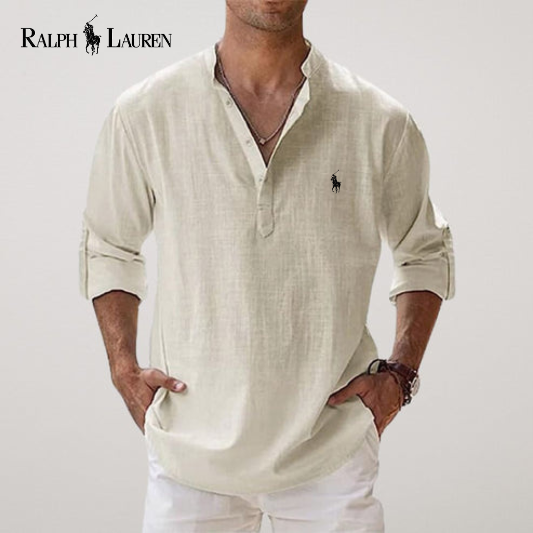 Camicia estiva in lino con collo serafino