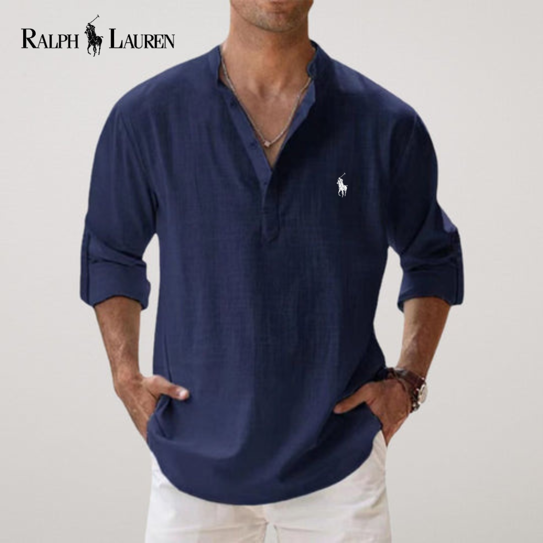 Camicia estiva in lino con collo serafino