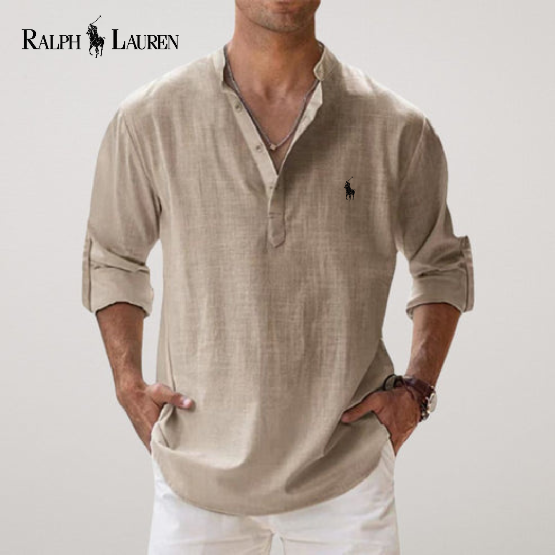 Camicia estiva in lino con collo serafino