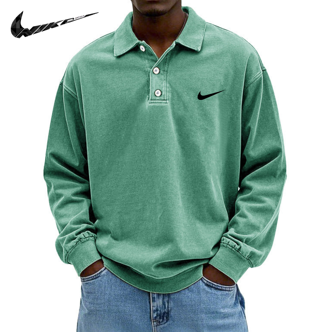 Polo da Uomo in Cotone Retro Lavato e Distressed con Colletto e Maniche Lunghe