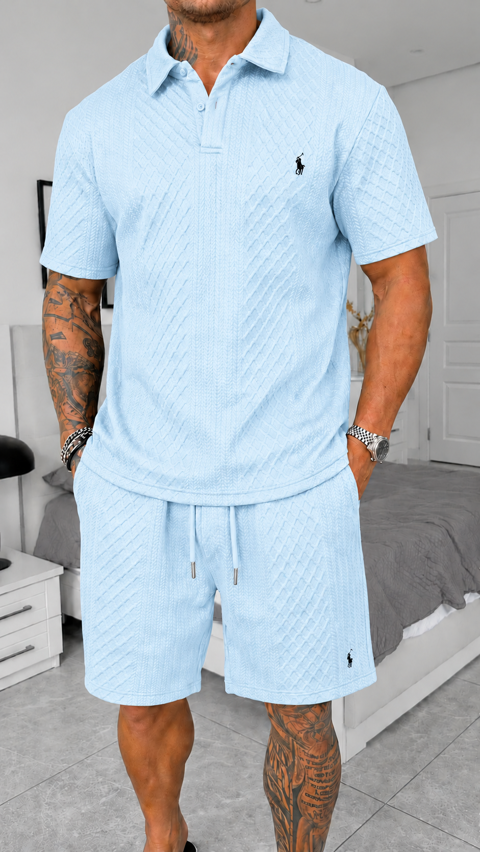 Completo Estivo Polo e Pantaloncini Jacquard - Blu Chiaro