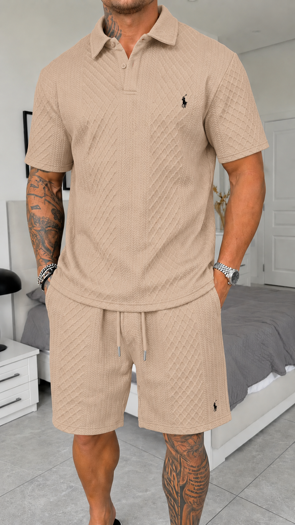 Completo Estivo Polo e Pantaloncini Jacquard - Khaki