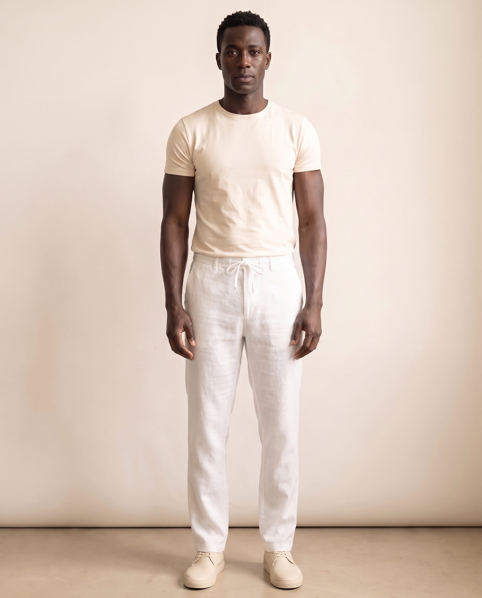 Modello indossa Pantaloni in Cotone e Lino – foto studio Bellevaria