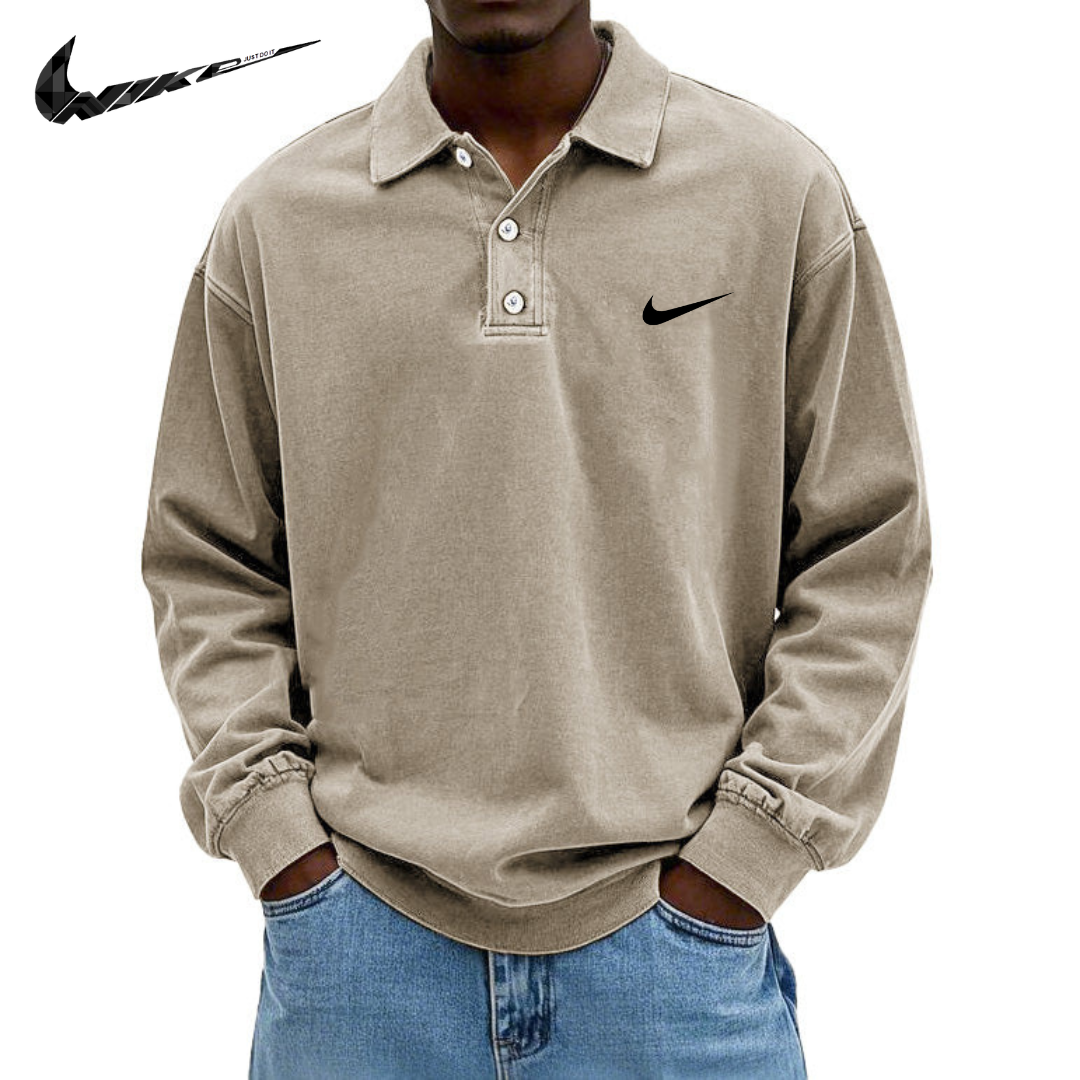 Polo da Uomo in Cotone Retro Lavato e Distressed con Colletto e Maniche Lunghe