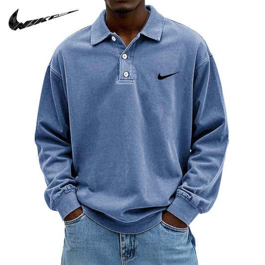 Polo da Uomo in Cotone Retro Lavato e Distressed con Colletto e Maniche Lunghe