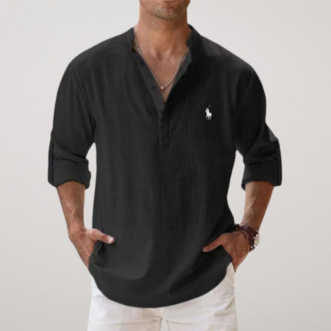 Camicia estiva in lino con collo serafino