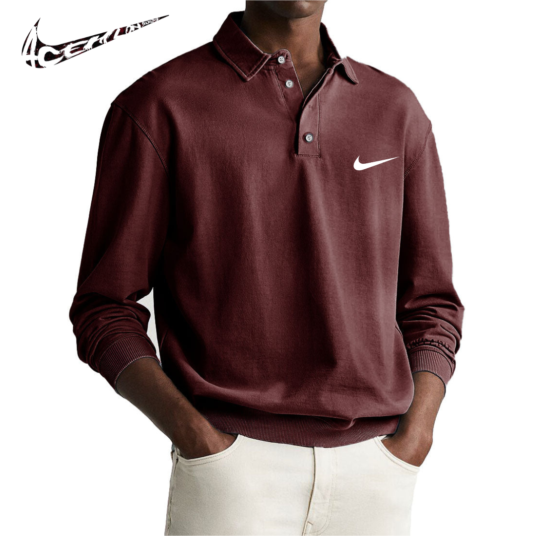 Polo da Uomo Retro Distressed Confortevole a Manica Lunga con Colletto