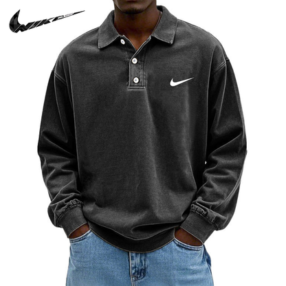 Polo da Uomo in Cotone Retro Lavato e Distressed con Colletto e Maniche Lunghe