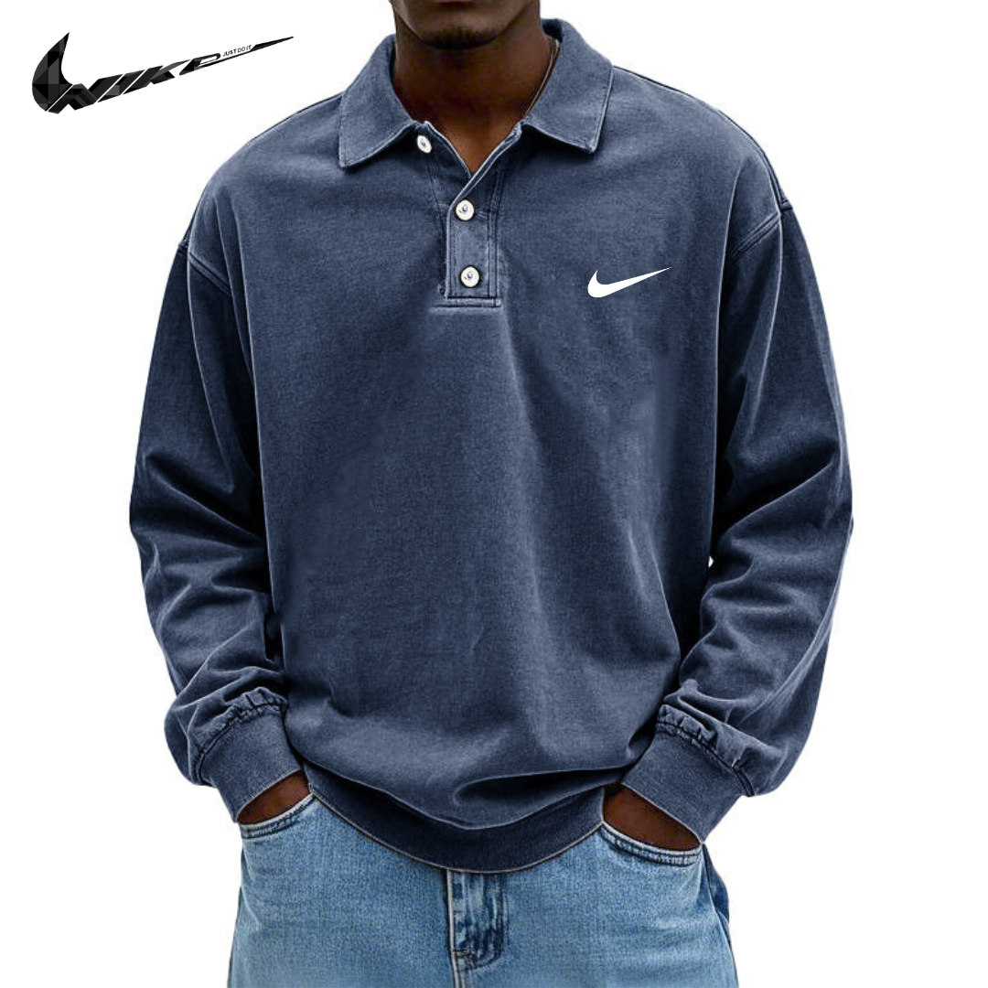 Polo da Uomo in Cotone Retro Lavato e Distressed con Colletto e Maniche Lunghe