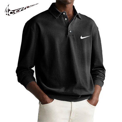 Polo da Uomo Retro Distressed Confortevole a Manica Lunga con Colletto