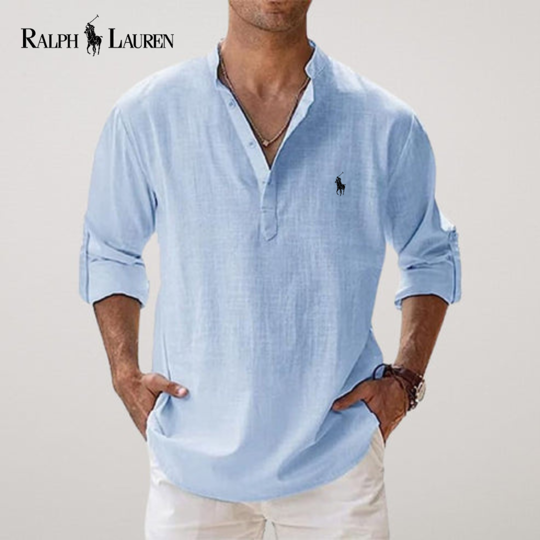 Camicia estiva in lino con collo serafino