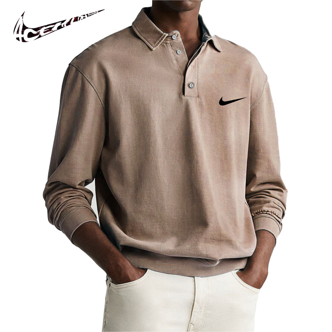 Polo da Uomo Retro Distressed Confortevole a Manica Lunga con Colletto