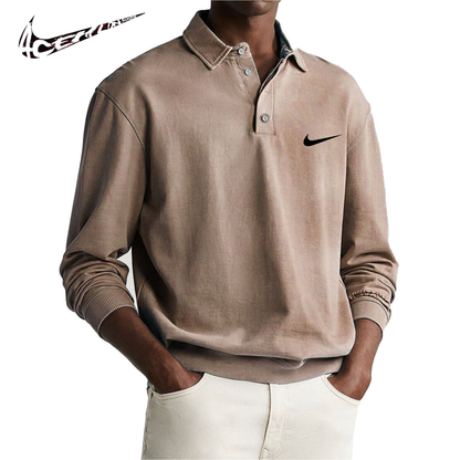 Polo da Uomo Retro Distressed Confortevole a Manica Lunga con Colletto