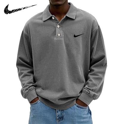 Polo da Uomo in Cotone Retro Lavato e Distressed con Colletto e Maniche Lunghe