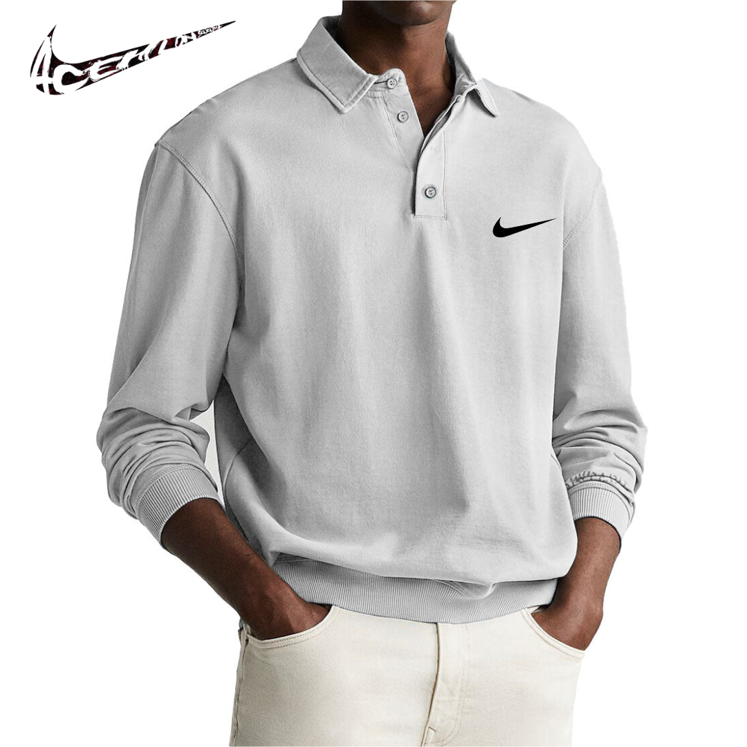 Polo da Uomo Retro Distressed Confortevole a Manica Lunga con Colletto