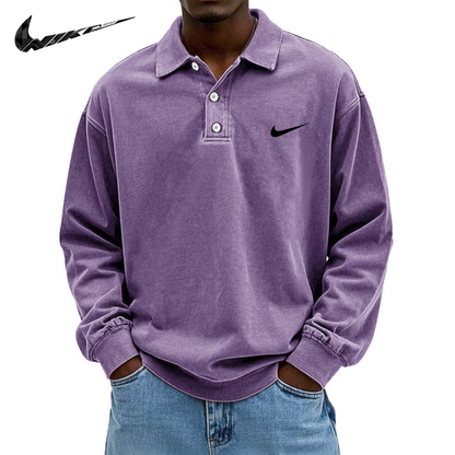 Polo da Uomo in Cotone Retro Lavato e Distressed con Colletto e Maniche Lunghe