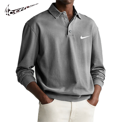 Polo da Uomo Retro Distressed Confortevole a Manica Lunga con Colletto