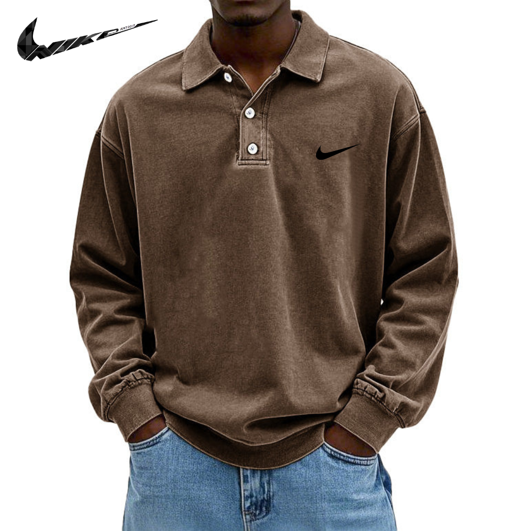 Polo da Uomo in Cotone Retro Lavato e Distressed con Colletto e Maniche Lunghe