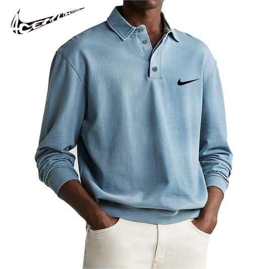 Polo da Uomo Retro Distressed Confortevole a Manica Lunga con Colletto