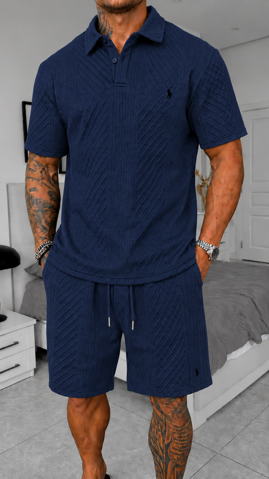 Completo Estivo Polo e Pantaloncini Jacquard - Blu