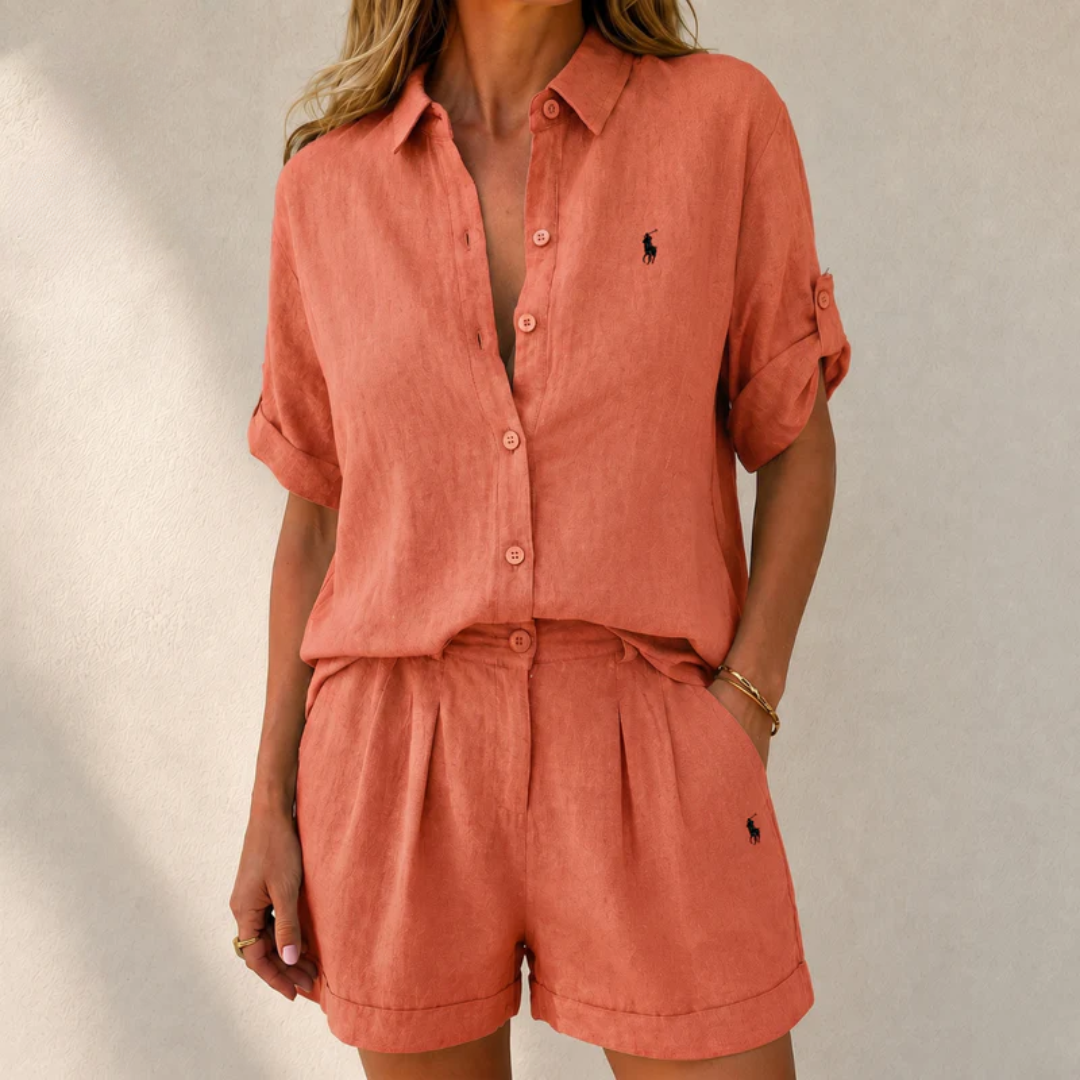 Set Coordinato Camicia e Shorts in Misto Lino - Rosso