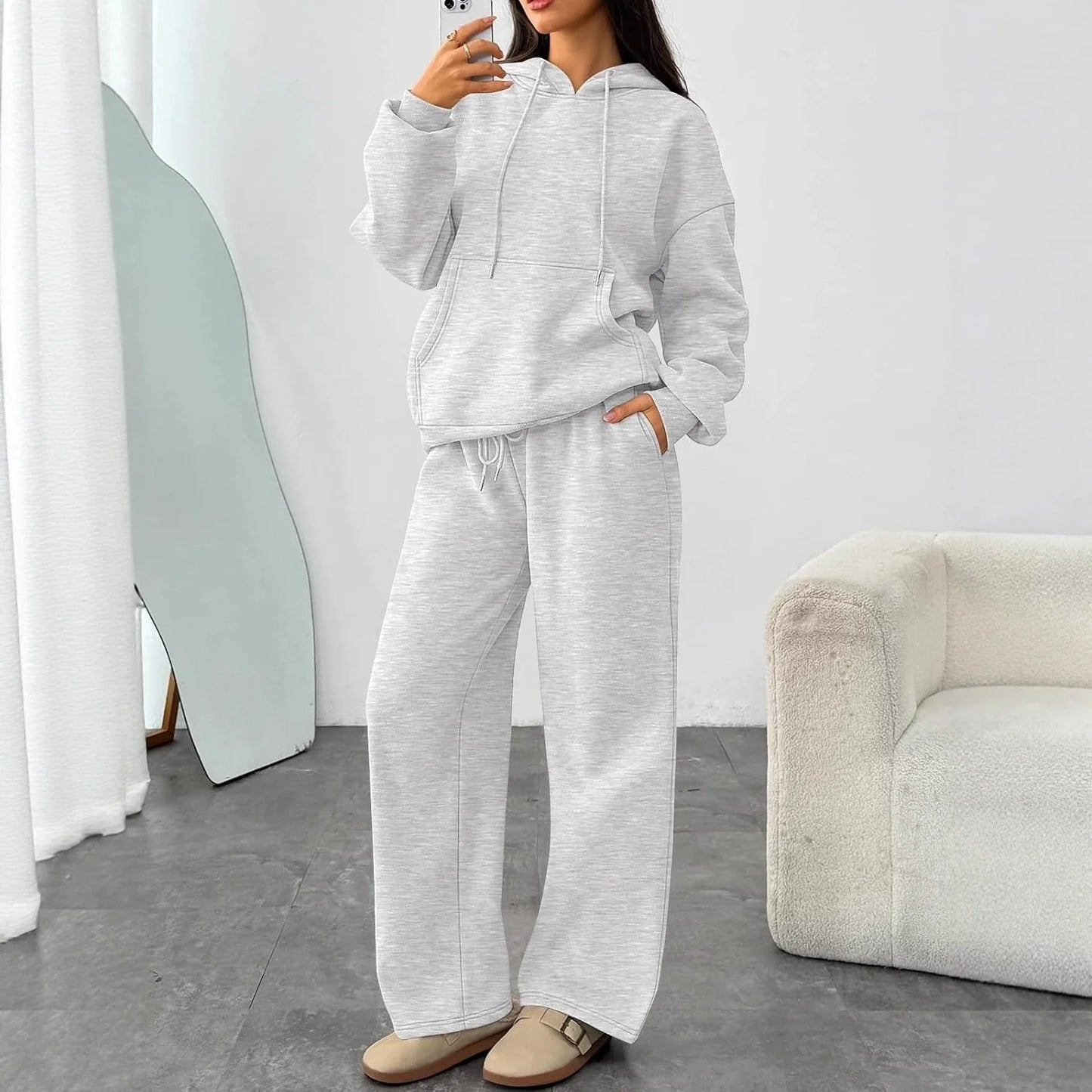 Set da Donna per il Tempo Libero – Felpa in Pile Morbido & Pantaloni Sweat a Gamba Larga