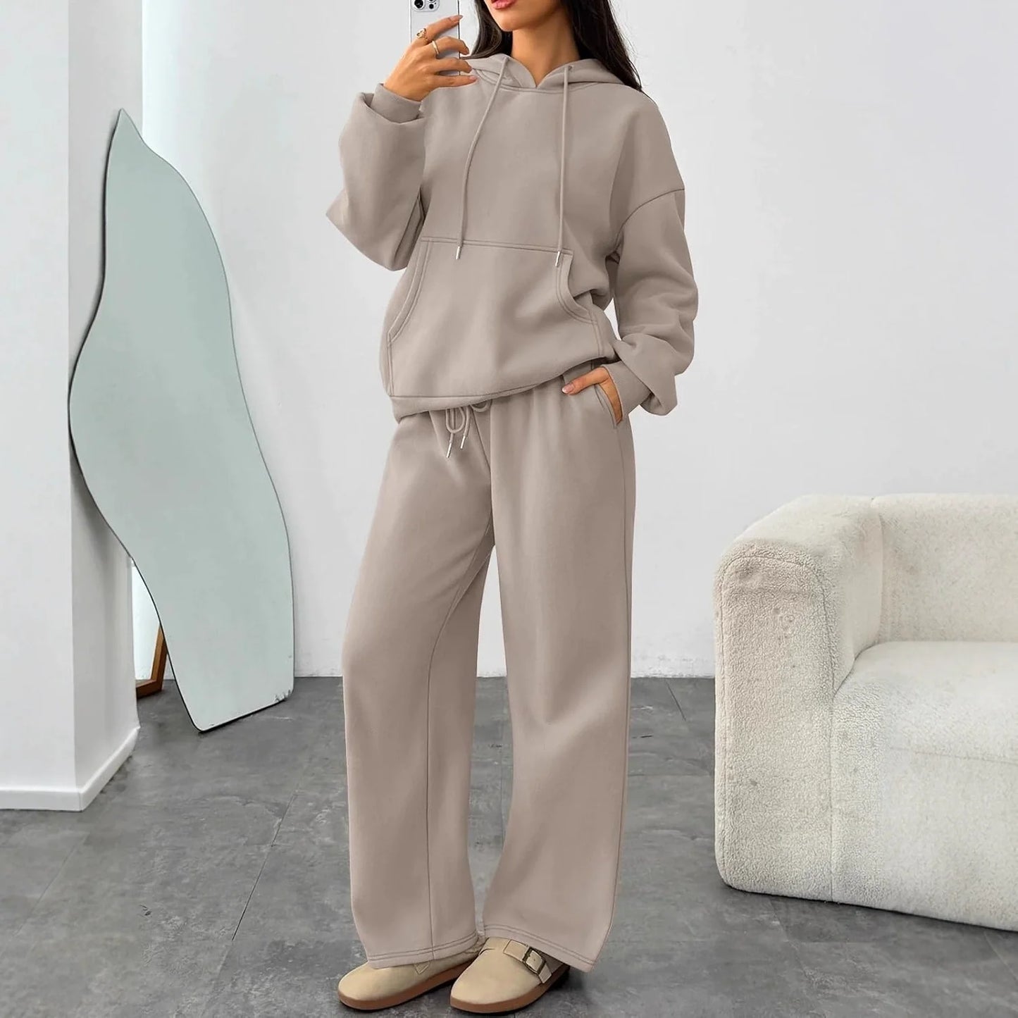 Set da Donna per il Tempo Libero – Felpa in Pile Morbido & Pantaloni Sweat a Gamba Larga