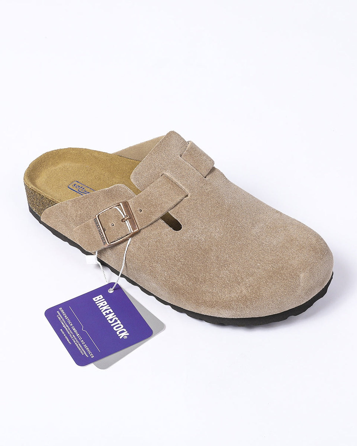 Profilo e finiture di Birkenstock Boston Classic Sabot in Pelle Scamosciata Taupe