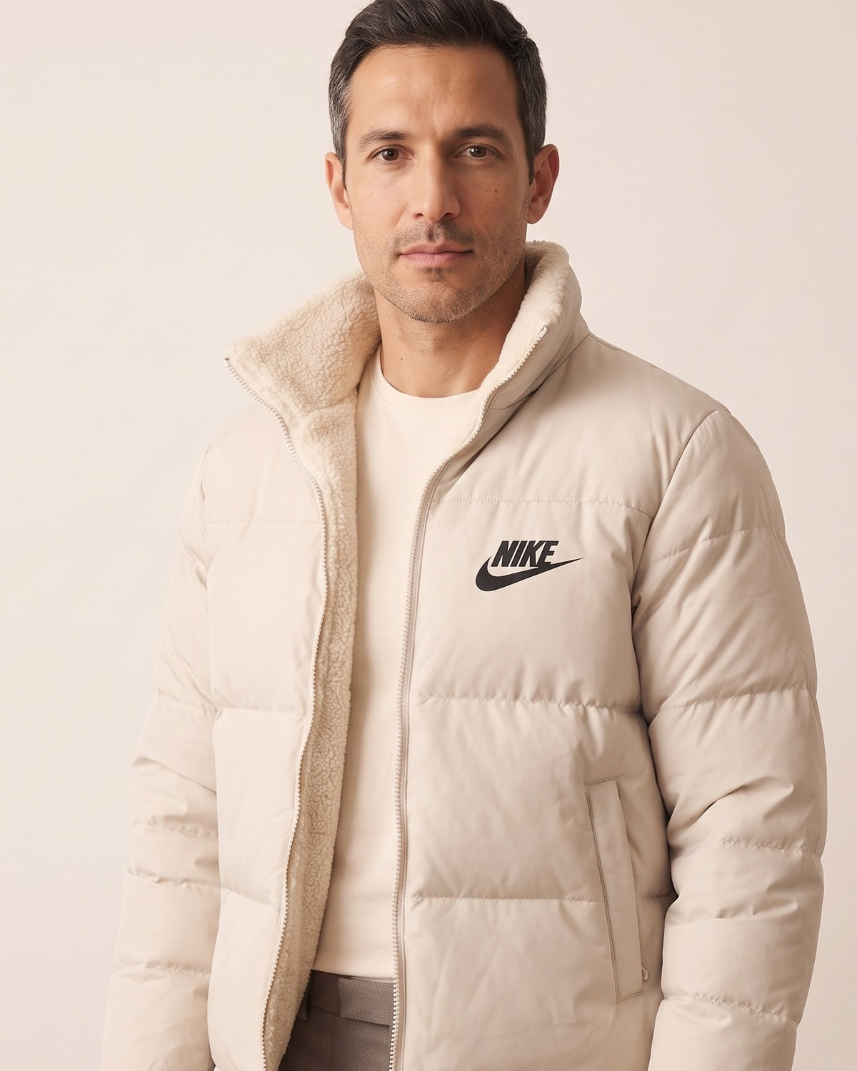 Collo e chiusura di Giacca Puffer Reversibile con Interno in Sherpa – Comfort Invernale