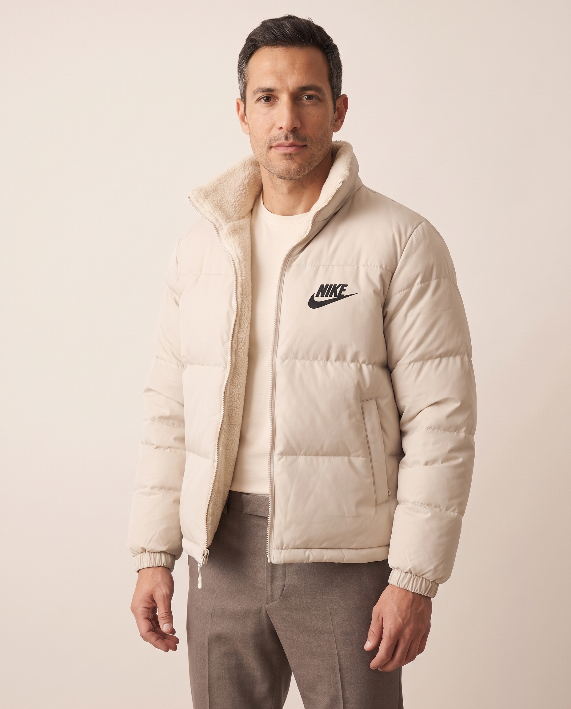 Modello indossa Giacca Puffer Reversibile con Interno in Sherpa – Comfort Invernale – foto studio Bellevaria