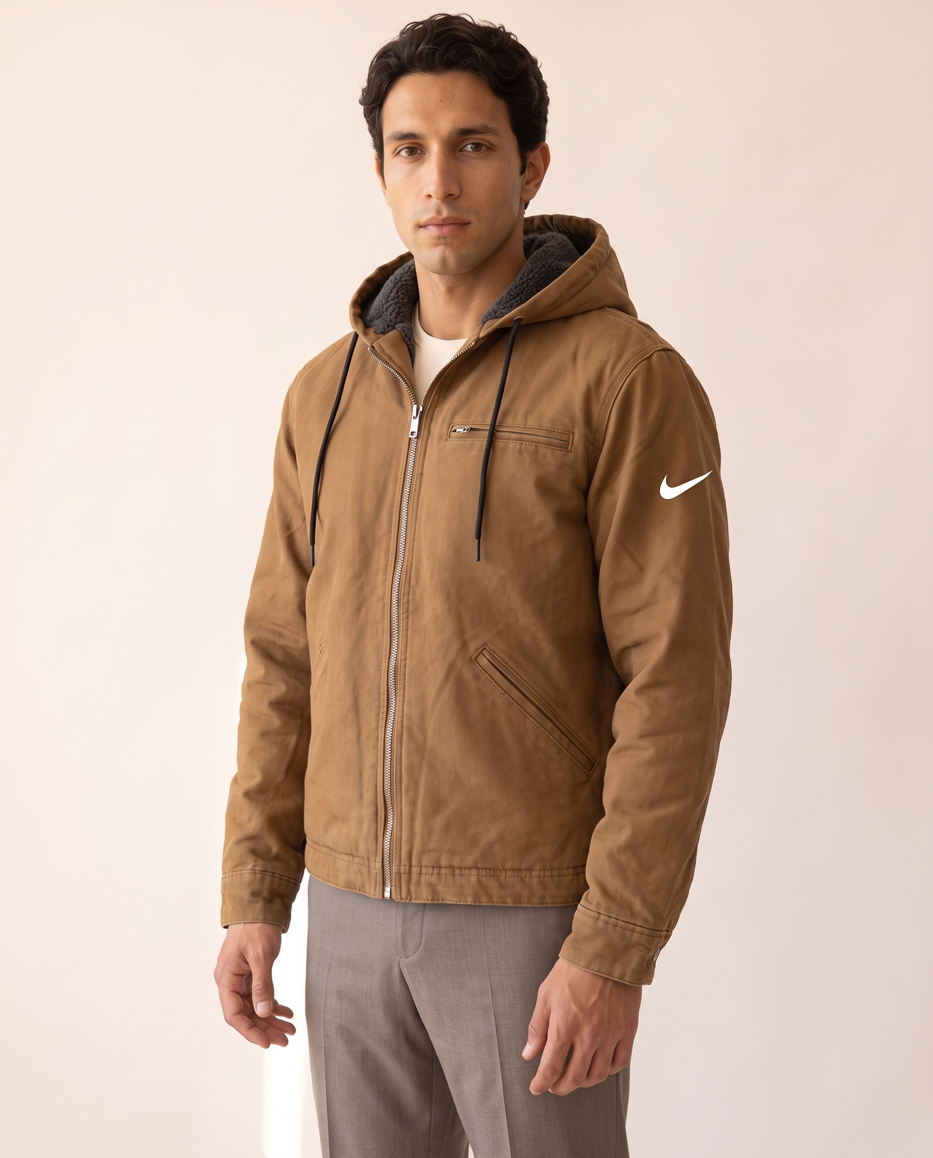 Modello indossa NK – Giacca in Cotone con Cappuccio da Uomo – foto studio Bellevaria