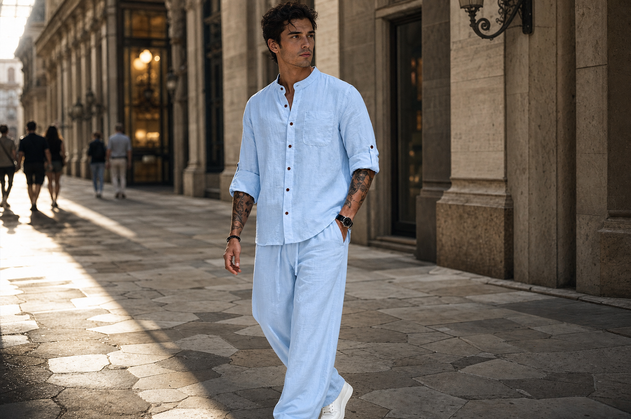 Uomo con completo azzurro che cammina sotto un portico italiano