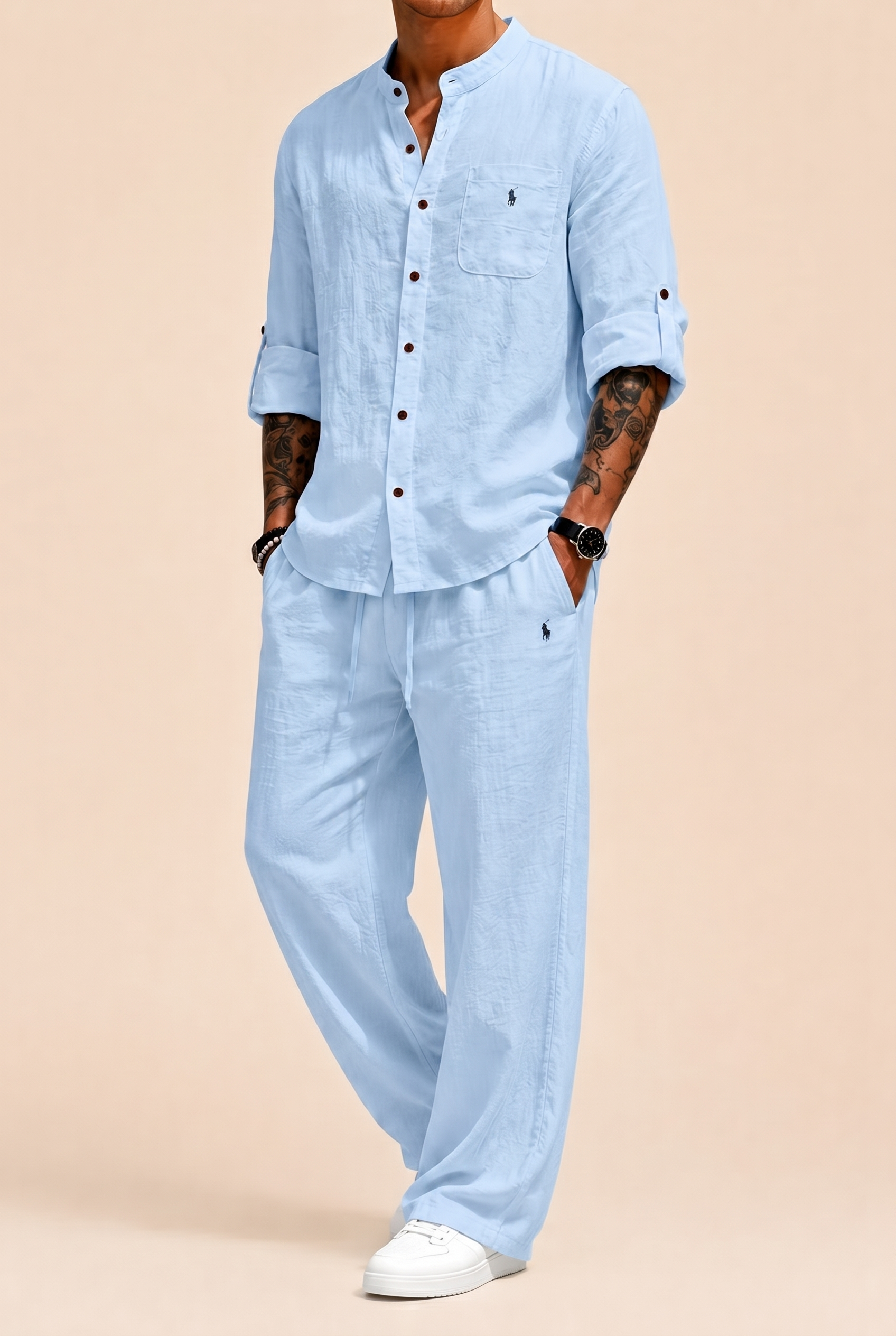 Completo uomo in lino-cotone azzurro Bellevaria