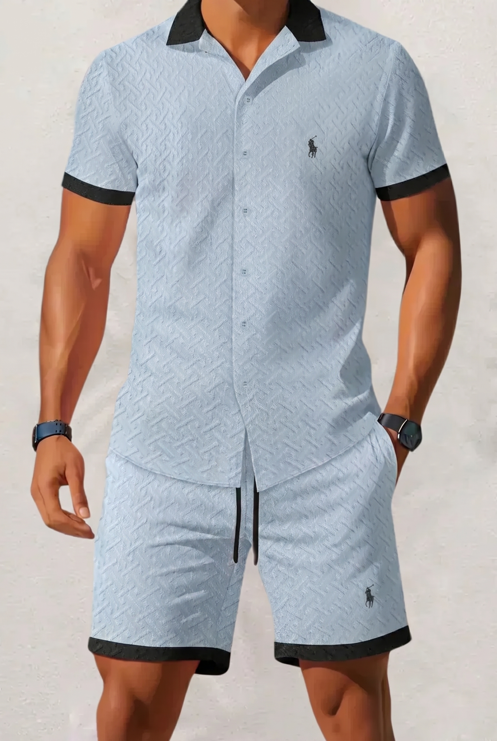 Completo Lino con Colletto a Contrasto Azzurro